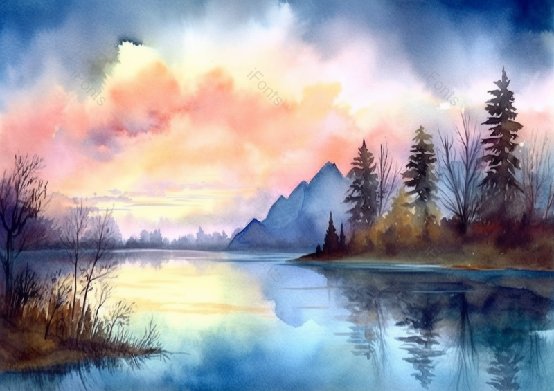 早上的阳光日出时分平静的湖泊水面反射太阳光线彩色的插画背景,插画/手绘图,插画/手绘图库,插画/手绘图下载,插画/手绘